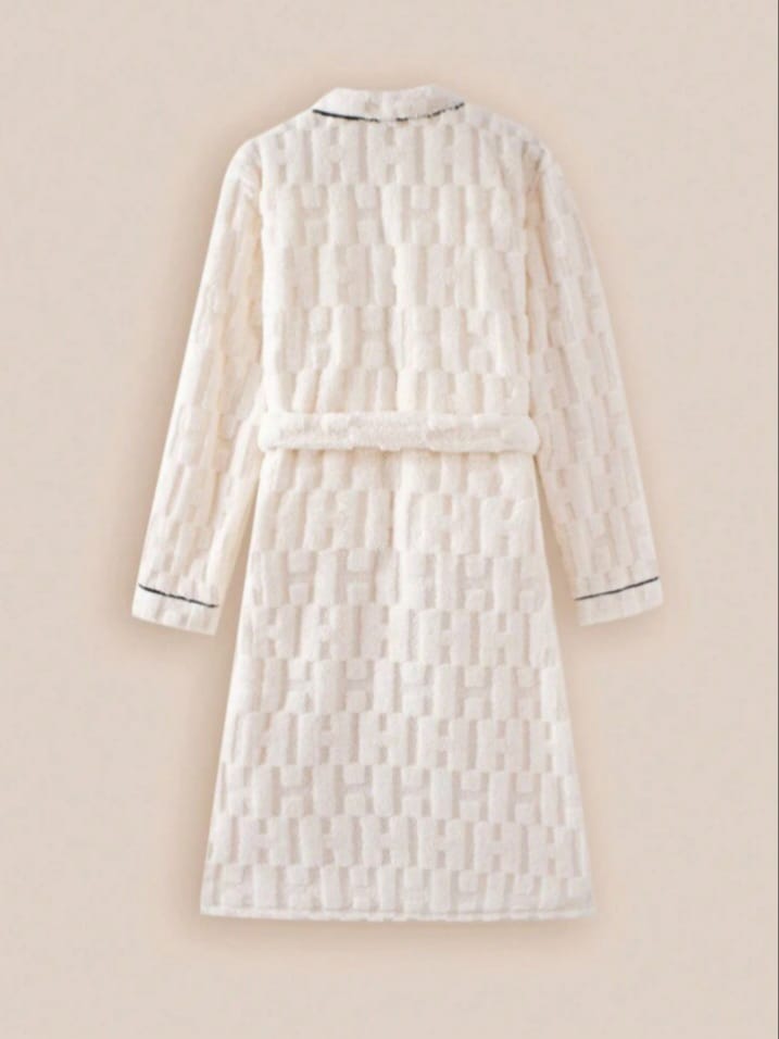 DREAM-CITY Men's Off-White Simple Contrast Trim Jacquard Fleece Thicken Bathrobe